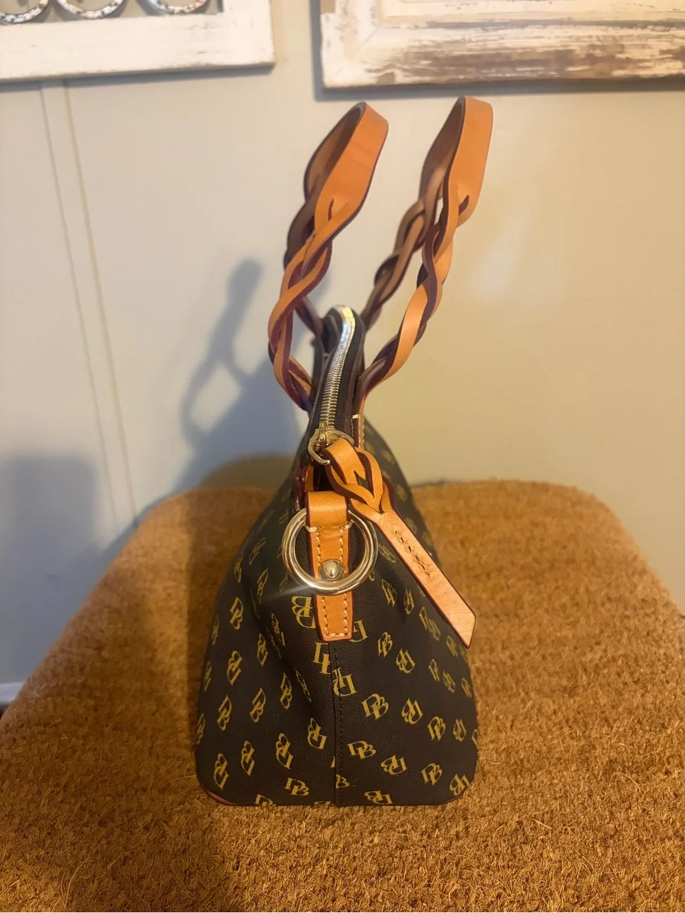 Dooney & Bourke Brown Satchel with Tan Handles and Gold Logo